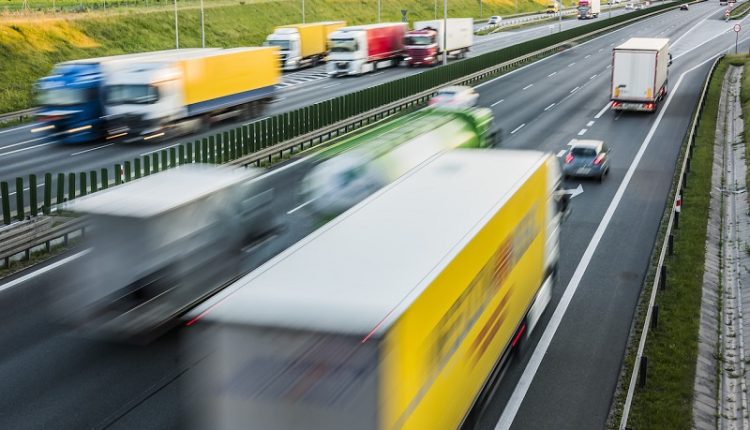 Trucks on six lane controlled-access highway in Poland