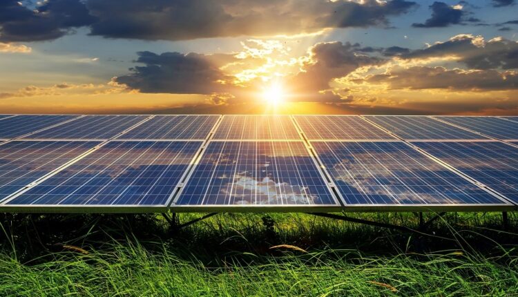 Photo,Collage,Of,Sunset,And,Solar,Panel,,Photovoltaic,,Alternative,Electricity